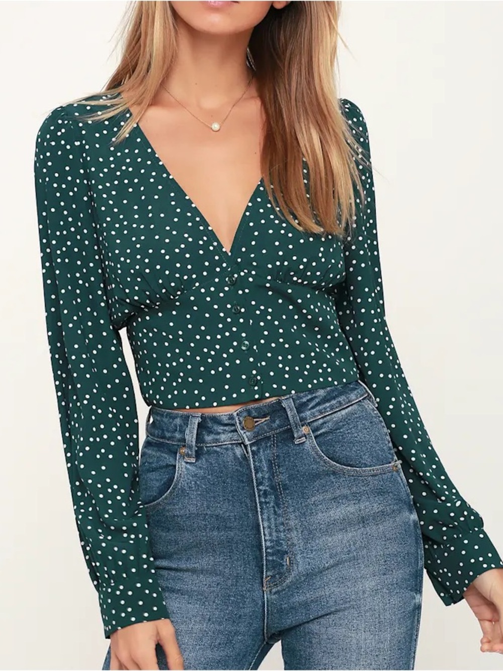 4/$20 - Lulu’s Long Sleeve Dark Green Polka Dot Button Up Crop Top Shirt Blouse